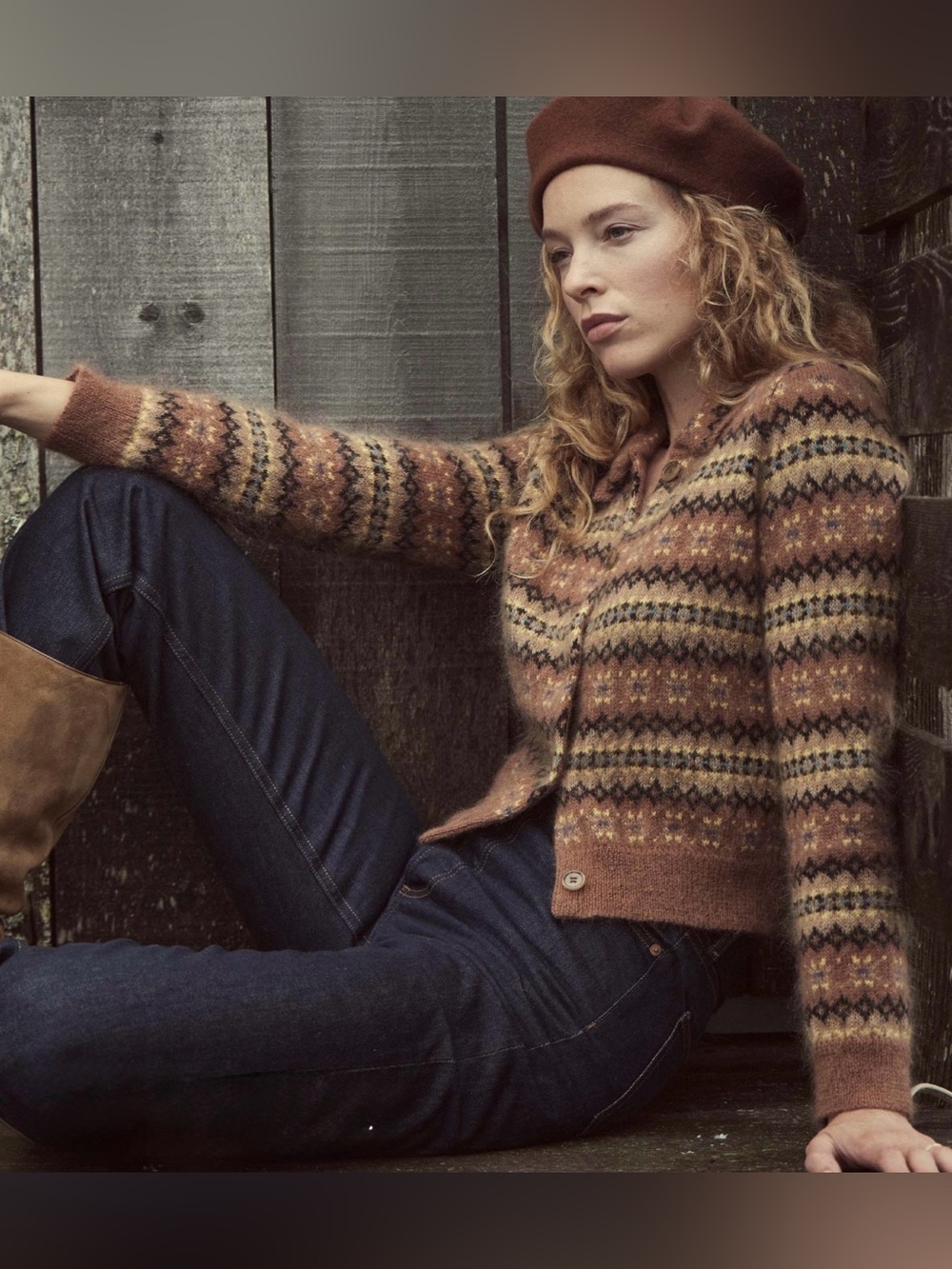 DÔEN Natia Galway Fair Isle Cardigan Cozy Brown, Blue, Yellow, Black Button-Up